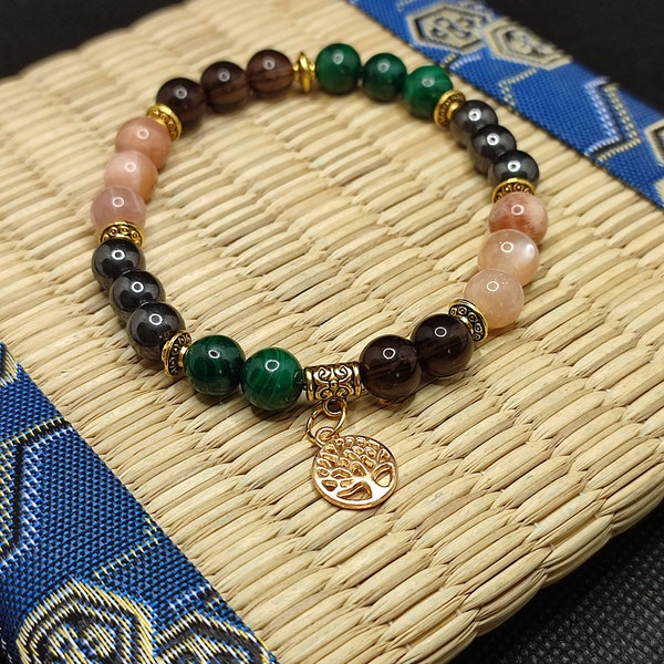 backache bracelet tree of life gold color pendant, malachite bracelet from Zambia, AAAAA smoky quartz, sun stone, hematite