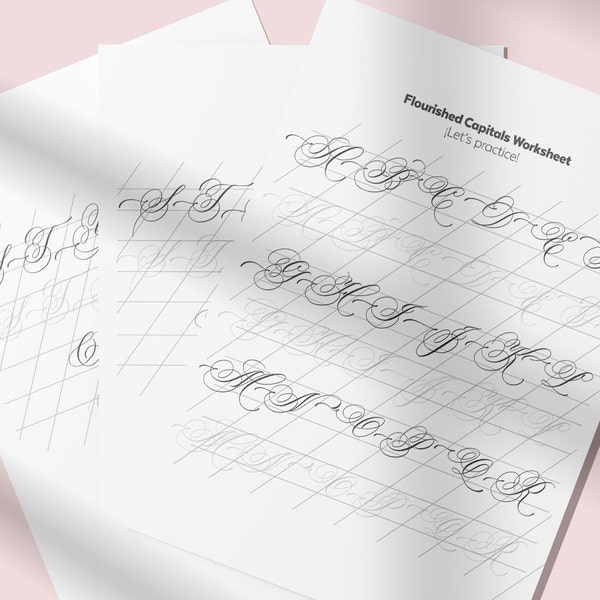 Printable Learn at Home Copperplate Calligraphy flourishing Guide to practice Capital letters