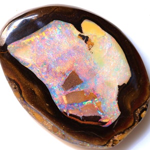 May include: A large, oval-shaped opal with a dark brown matrix. The opal has a bright, iridescent sheen with flashes of pink, blue, and green.