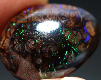 May include: A dark brown, black, and green opal with a high polish. The opal has a unique pattern of green and blue iridescence.