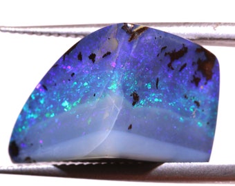 May include: A blue, green, and purple opal gemstone with black inclusions. The opal is a rough, natural stone with a unique, irregular shape.
