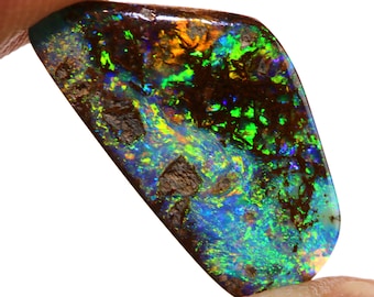 Może przedstawiać: Duży, surowy opal z ciemnobrązową macierzą i żywą grą kolorów tęczowych: zielonego, niebieskiego i pomarańczowego.