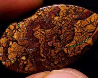 May include: A brown, green, and white opal with a dendritic pattern. The opal is oval shaped and has a smooth, polished surface.