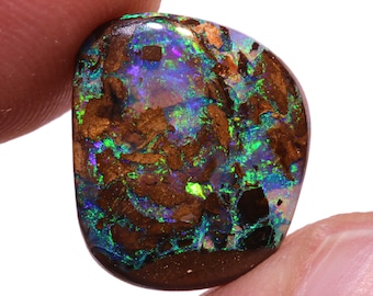 May include: A large, dark brown opal with green, blue, and purple iridescent flashes. The opal has a rough, natural shape.
