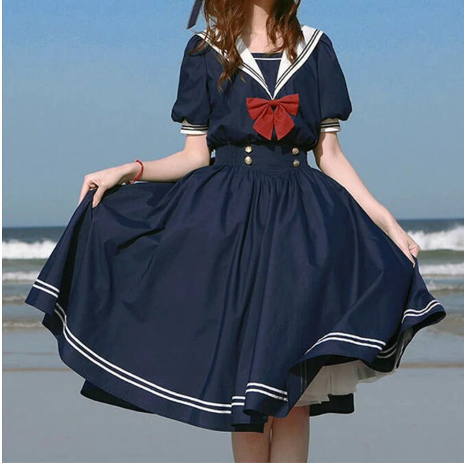 Harajuku Sailor Collar Navy Dress Japanese Lolita Sweet Etsy