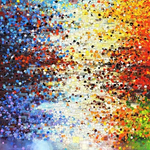 Op de afbeelding: Abstract digitaal kunstwerk met een mozaïekeffect. Het kunstwerk toont een levendige reeks kleuren, waaronder blauw, rood, oranje, geel en groen. De compositie is een mix van geometrische vormen en cirkelvormige elementen.