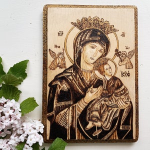 Our Lady of Perpetual Help Woodburning | Blessed Mother Icon | Catholic Gift