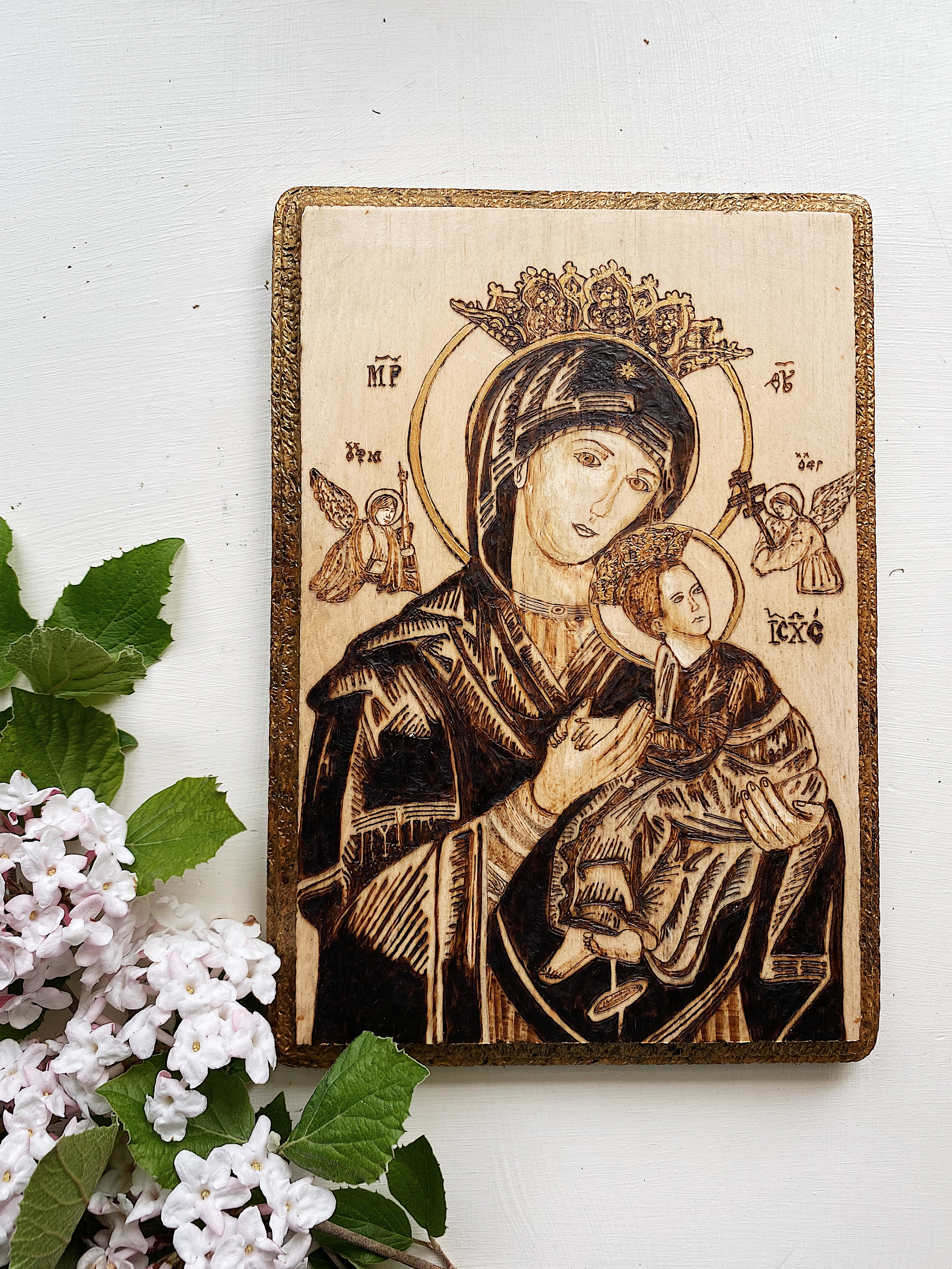 Our Lady of Perpetual Help Woodburning | Blessed Mother Icon | Catholic Gift