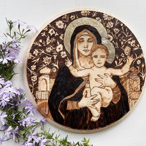 Virgin of the Lilies Woodburning | Blessed Mother Art | Catholic Gift