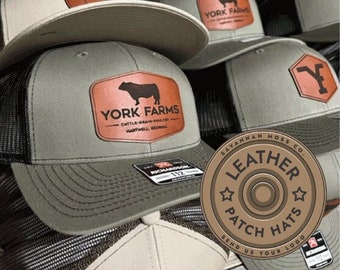 Custom Trucker Leather Patch Hat, Laser Engraved for Company brand, Personalized Logo or Text, Richardson Hats