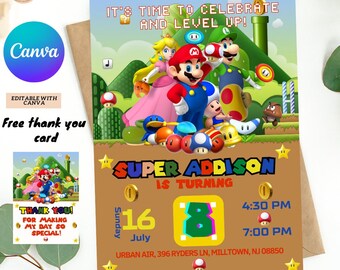 Editable super mario Birthday Invitation Template, Printable Birthday Party Invitations, Digital Kids Party Invite, Boys & Girls Invite