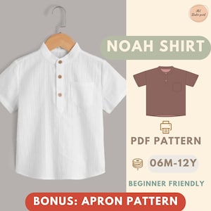 Peut inclure: Chemise blanche à manches courtes avec col officier et boutons en bois. La chemise a une poche poitrine et est suspendue à un cintre en bois. L'image comprend également une illustration de chemise marron, le texte "NOAH SHIRT" et "PDF PATTERN".