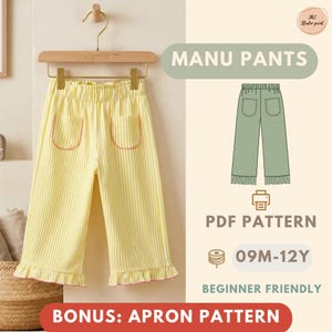 PDF-sömnadsmönster för Manu Pants | Barnbyxor med resår i midjan och påsydda fickor | Storlekar 9 M till 12Y | Nybörjarvänlig digital nedladdning