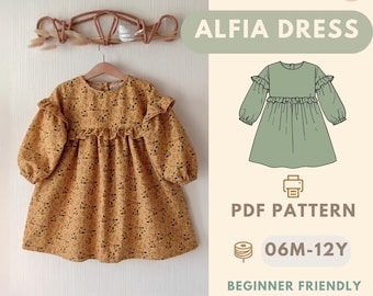 Schnittmuster für Kinderkleid, Schnittmuster für Kleinkinder, Rüschenkleid PDF, Anfängerfreundliches Kleid, Herbst-Winter-Baby-Mädchen-Outfit, Einfache DIY-Kinderkleidung