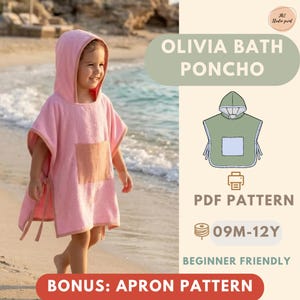 Bath poncho Sewing Pattern, baby sewing patterns, Beginner Friendly (PDF, 9M-12Y, Bonus Apron Pattern