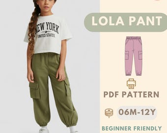 Modello di cucito per pantaloni cargo in PDF, modello di abbigliamento per bambini piccoli adatto ai principianti, modello di pantaloni fai da te facile per bambini
