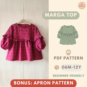 Peut inclure: Un haut "MARGA TOP" magenta à motifs floraux, avec des manches à volants et une taille à volants est présenté sur un cintre. L'image comprend un motif PDF, une gamme de tailles de 06M-12Y et le texte "BEGINNER FRIENDLY" et "BONUS: APRON PATTERN."