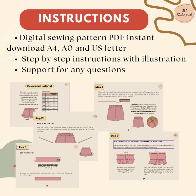 May include: A digital sewing pattern instruction sheet with the word "INSTRUCTIONS" in large letters. The sheet includes step-by-step illustrations for sewing shorts, with diagrams and text. The pattern is available for download in A4, AO, and US letter sizes.