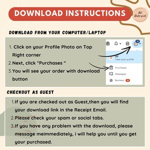 May include: A beige graphic with download instructions. The text reads "Download Instructions" in a red banner. Instructions include steps for downloading from a computer and for guest checkout. A profile icon is highlighted.