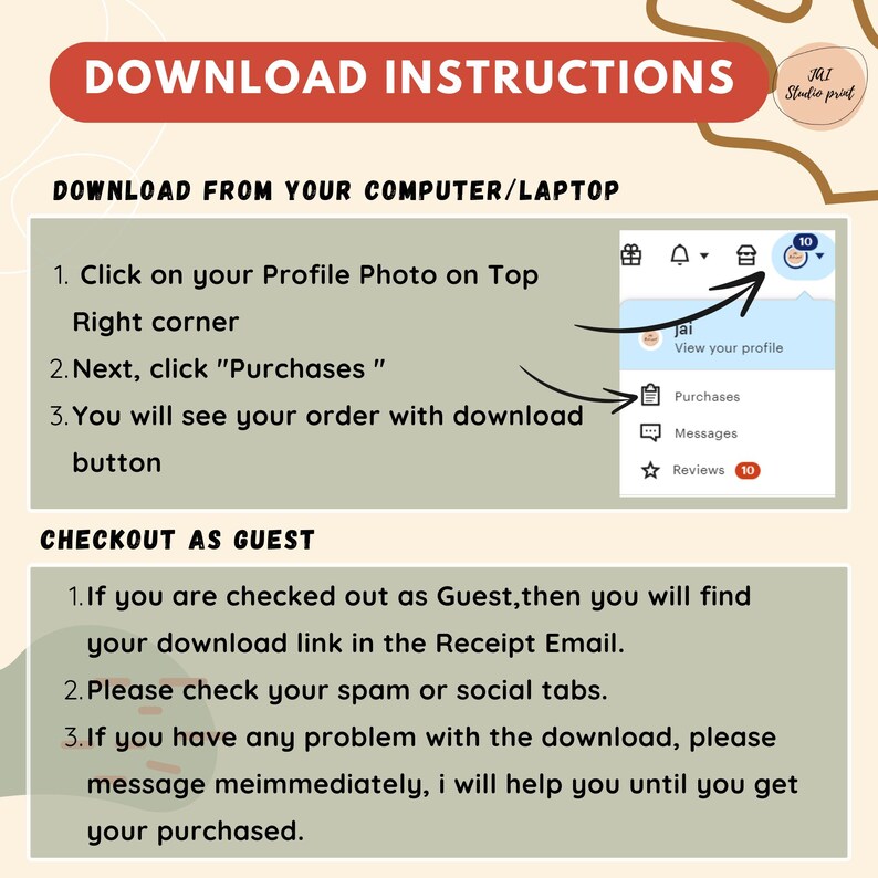 May include: A beige graphic with download instructions. The text reads "Download Instructions" in a red banner. Instructions include steps for downloading from a computer and for guest checkout. A profile icon is highlighted.