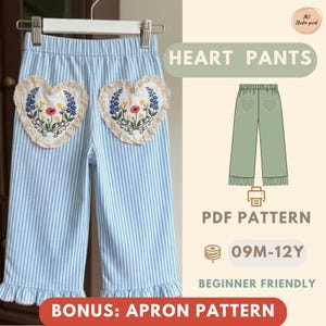 May include: Light blue and white striped trousers featuring two heart-shaped back pockets with floral embroidery and lace trim. The text reads HEART PANTS, PDF PATTERN, 09M-12Y, BEGINNER FRIENDLY, and BONUS: APRON PATTERN. Includes a green trousers illustration.