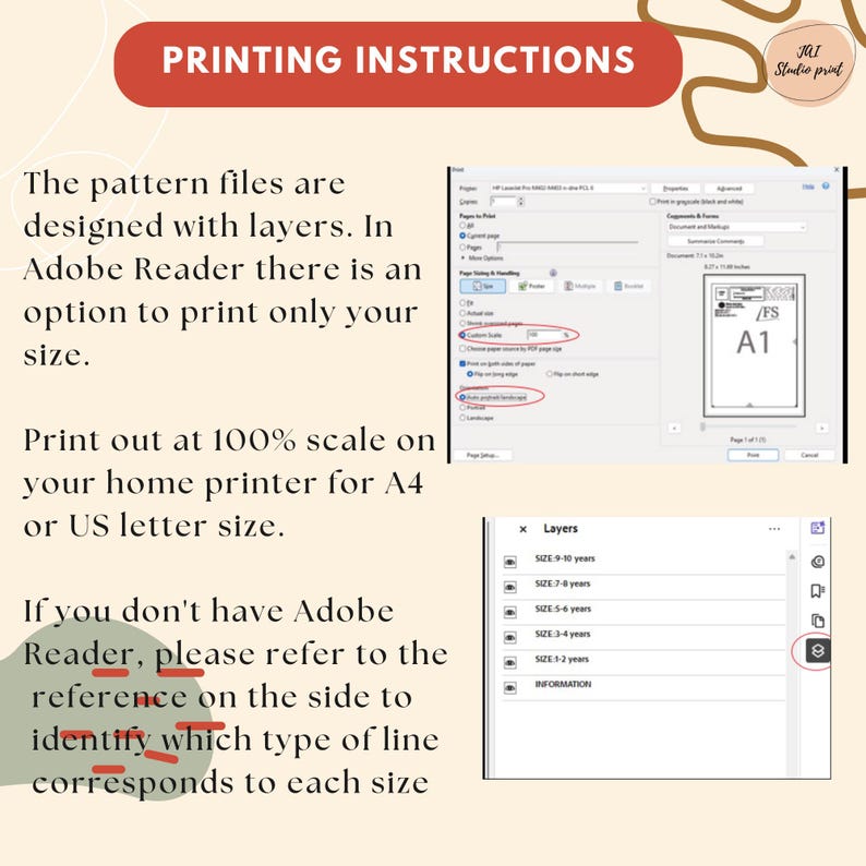 May include: Image showing printing instructions for pattern files. Text includes "PRINTING INSTRUCTIONS", and instructions for printing at 100% scale on A4 or US letter size paper. Includes a screenshot of Adobe Reader settings.