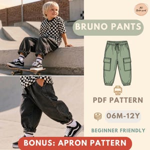 May include: A digital sewing pattern for Bruno Pants featuring a technical line drawing of sage green cargo trousers with an elastic waistband, drawstring, and side pockets. The text includes PDF PATTERN, 06M-12Y, and BONUS: APRON PATTERN.