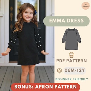 May include: A young girl wearing a black dress with white pearl accents on the sleeves. The image includes text that reads "EMMA DRESS", "PDF PATTERN", "06M-12Y", "BEGINNER FRIENDLY", and "BONUS: APRON PATTERN".