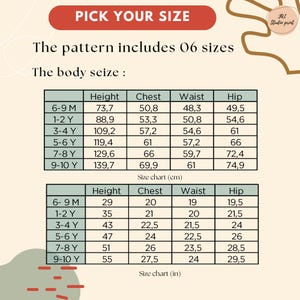 Puede incluir: Una tabla de tallas de ropa infantil, con medidas en cent&iacute;metros y pulgadas. La tabla incluye medidas de altura, pecho, cintura y cadera para tallas que van de 6-9 meses a 9-10 a&ntilde;os. El texto "PICK YOUR SIZE" est&aacute; en la parte superior.