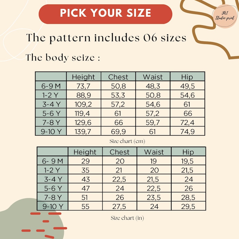 Puede incluir: Una tabla de tallas de ropa infantil, con medidas en cent&iacute;metros y pulgadas. La tabla incluye medidas de altura, pecho, cintura y cadera para tallas que van de 6-9 meses a 9-10 a&ntilde;os. El texto "PICK YOUR SIZE" est&aacute; en la parte superior.