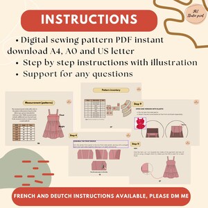 May include: Digital sewing pattern instructions with diagrams. The instructions are available for download in A4, AO, and US letter sizes. The image includes a measurement chart and diagrams. French and Dutch instructions are available.
