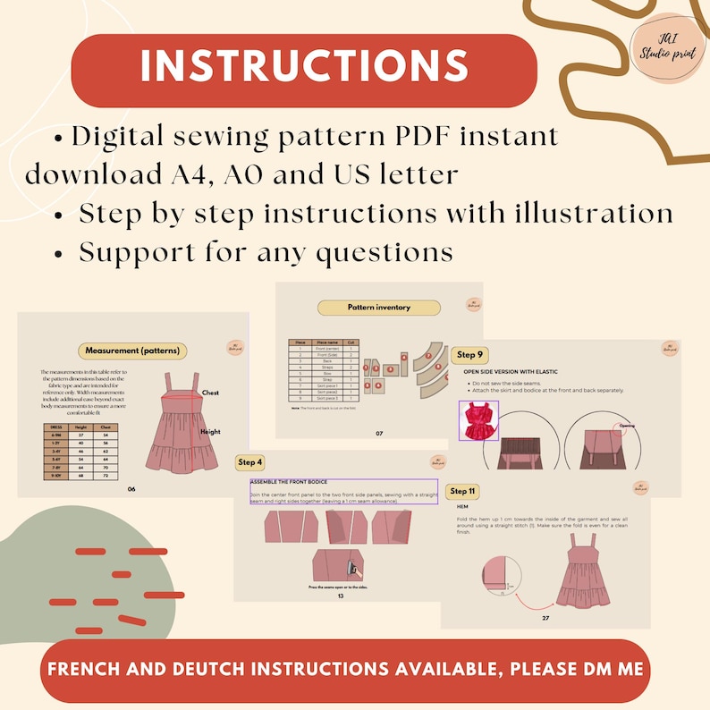 May include: Digital sewing pattern instructions with diagrams. The instructions are available for download in A4, AO, and US letter sizes. The image includes a measurement chart and diagrams. French and Dutch instructions are available.