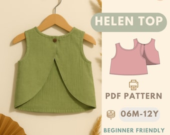 May include: A green sleeveless top with a button closure, hanging on a wooden hanger. The image includes the text "HELEN TOP", "PDF PATTERN", "06M-12Y", "BEGINNER FRIENDLY", and "BONUS: APRON PATTERN".