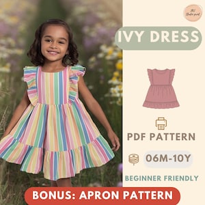 May include: A child models a multi-coloured striped dress with frilled sleeves and hem. The image advertises an "IVY DRESS" PDF pattern, including a bonus apron pattern. The pattern is suitable for beginners and available in sizes 06M-10Y.