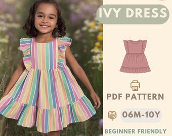 Patrón de costura para vestido de verano, patrón para niños, patrón para principiantes, patrón de costura para vestido de verano con volantes.