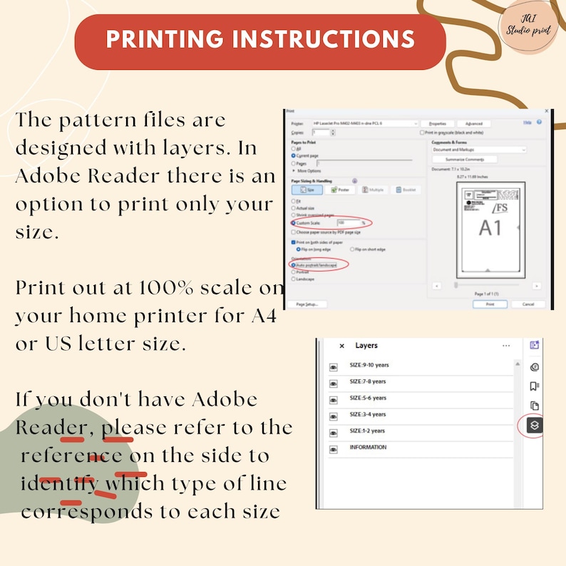 K&ouml;nnte beinhalten: Bild mit dem Text "PRINTING INSTRUCTIONS" und Anweisungen zum Drucken von Musterdateien. Enth&auml;lt Screenshots von Adobe Reader-Einstellungen, die Optionen zum Drucken im Ma&szlig;stab 100 % f&uuml;r A4- oder US-Letter-Gr&ouml;&szlig;e zeigen.