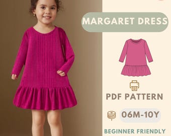 May include: A young girl wearing a magenta long-sleeved dress with a ribbed bodice and a ruffled hem. The image includes text that reads "MARGARET DRESS", "PDF PATTERN", and "BONUS: APRON PATTERN". The pattern is for sizes 06M-10Y.