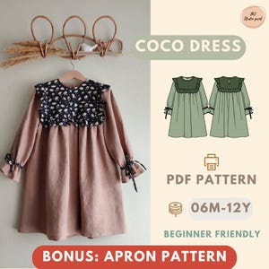 Puede incluir: Vestido Coco para niños, de color marrón claro, con un estampado floral en el corpiño. La imagen incluye un esquema de patrón y el texto "PDF Pattern" y "Beginner Friendly". El vestido es para edades de 6 meses a 12 años.