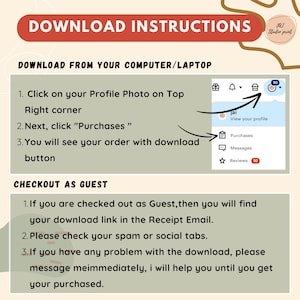 May include: A graphic with instructions for downloading digital files. The text includes steps for downloading from a computer and for guest checkout. The image has a red banner with the words "DOWNLOAD INSTRUCTIONS".