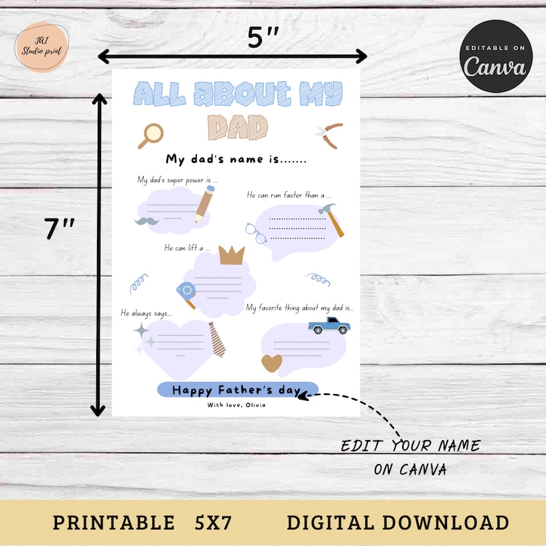 Printable All About My Dad, Fill in the Blank for Father's Day, Father ...