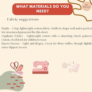 May include: An informational graphic with the text "WHAT MATERIALS DO YOU NEED?" and "Fabric suggestions." The image includes illustrations of sewing tools, a sewing machine, and a pattern, suggesting fabric types like poplin and rayon/viscose.