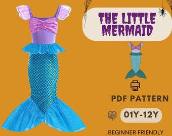 Kids Mermaid Costume Sewing Pattern PDF, Halloween Dress Up, Easy DIY Costume, Beginner Friendly, Sizes 1Y-12Y, Instant Download