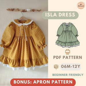 Könnte beinhalten: Senfgelbes Isla-Kleid mit weißen Punkten, langen Ärmeln und Rüschensaum. Das Kleid hat einen Bubikragen mit weißer Spitzenborte und hängt an einem Holzkleiderbügel. Der Text "ISLA DRESS" und "PDF PATTERN" ist ebenfalls zu sehen.