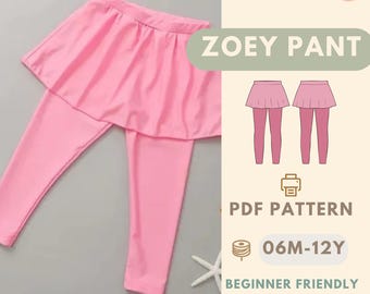 May include: Pink Zoey pants with a skirt overlay. The image includes the text "ZOEY PANT", "PDF PATTERN", "06M-12Y", "BEGINNER FRIENDLY", and "BONUS: APRON PATTERN".