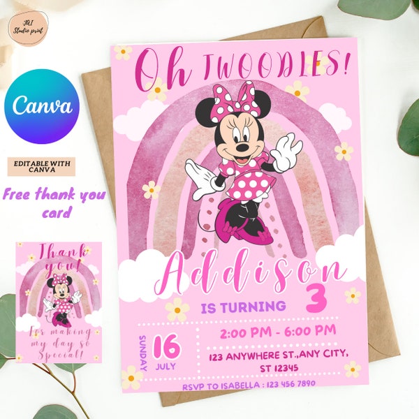 digital Minnie Mouse Birthday invitation, Minnie Mouse invitation , pink Minnie Mouse birthday Template, Minnie 2 nd birthday party