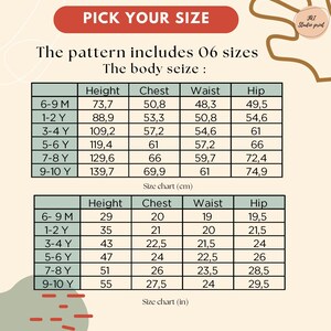 May include: A children's clothing size chart, displaying measurements in centimetres and inches. The chart provides height, chest, waist, and hip measurements for six sizes, from 6-9 months to 9-10 years. The text "PICK YOUR SIZE" is at the top.