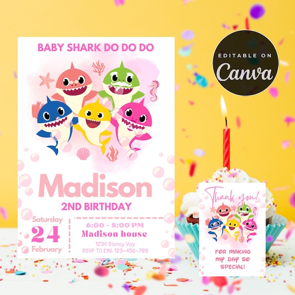 baby shark Birthday invitation, girl baby shark invitation , pink baby shark birthday Template, baby shark, 2nd birthday invitation