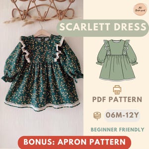 Könnte beinhalten: Grünes geblümtes Scarlett-Kleid für Mädchen mit langen Ärmeln und weißer Spitzentrimmung. Das Bild enthält ein PDF-Muster, Größen 06M-12J, und den Text "Anfängerfreundlich" und "Bonus: Schürzenmuster".