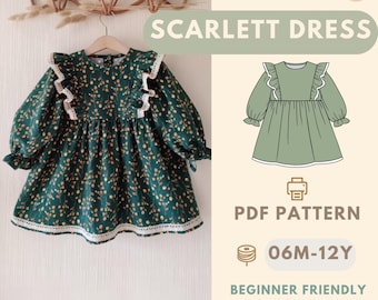 Schnittmuster für Kinderkleid, Schnittmuster für Kleinkinder, Rüschenkleid PDF, Anfängerfreundliches Kleid, Herbst-Winter-Baby-Mädchen-Outfit, Einfache DIY-Kinderkleidung