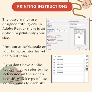 Puede incluir: Instrucciones de impresi&oacute;n para archivos de patrones. El texto explica c&oacute;mo imprimir a escala del 100% en papel A4 o US letter, y c&oacute;mo usar Adobe Reader para imprimir solo el tama&ntilde;o deseado. La imagen muestra capturas de pantalla de la configuraci&oacute;n.